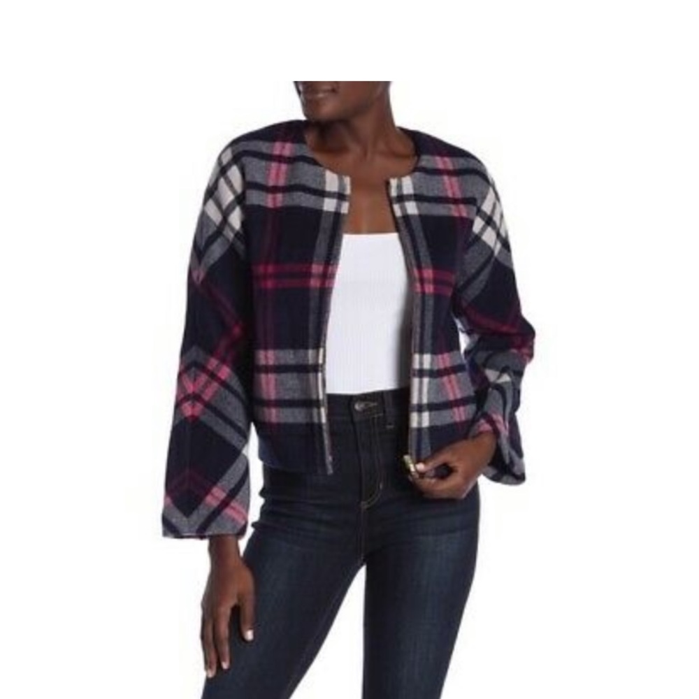 J. Crew Womens Wool Bomber Jacket Blue Red Wool Blend Zip Front / size M